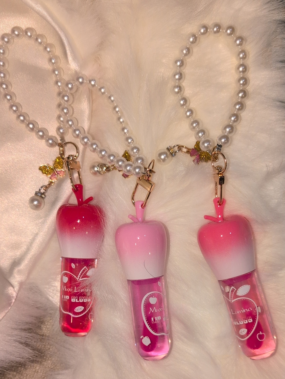 Clear Or Light Pink Tinyed Lip Gloss With Pearl Beaded Wristlet - Bundle Of 3